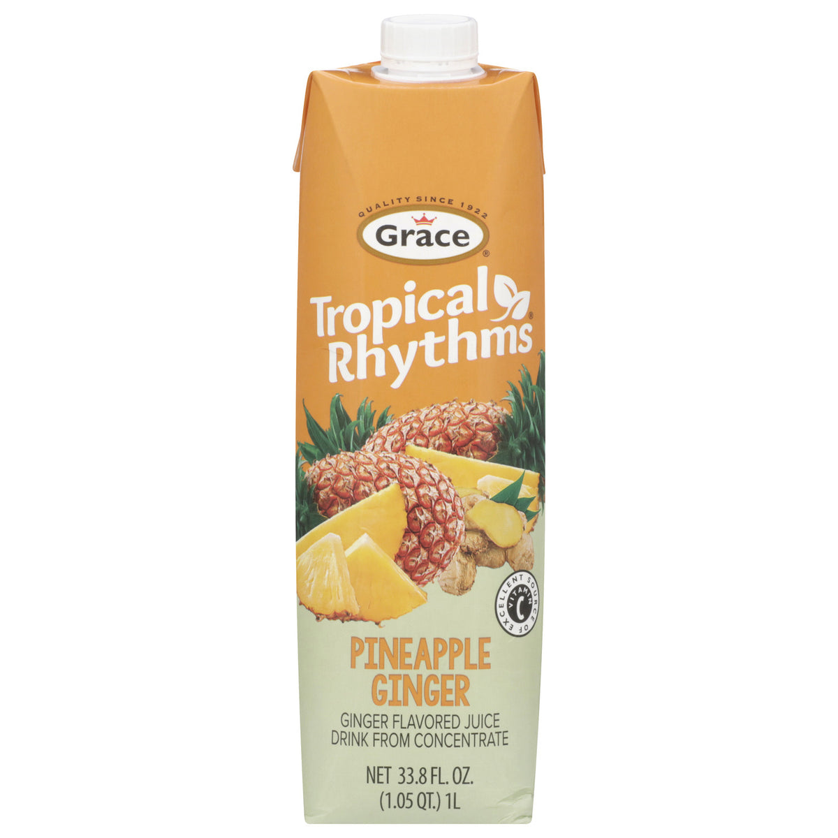 Front view of Grace Tropical Rhythms Pineapple Ginger Juice carton showcasing pineapple and ginger imagery on a white background