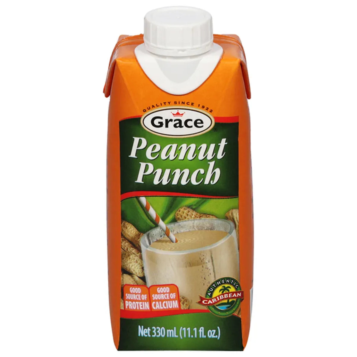 Front view of Grace Peanut Punch carton, 330 mL, showcasing protein and calcium claims on a white background