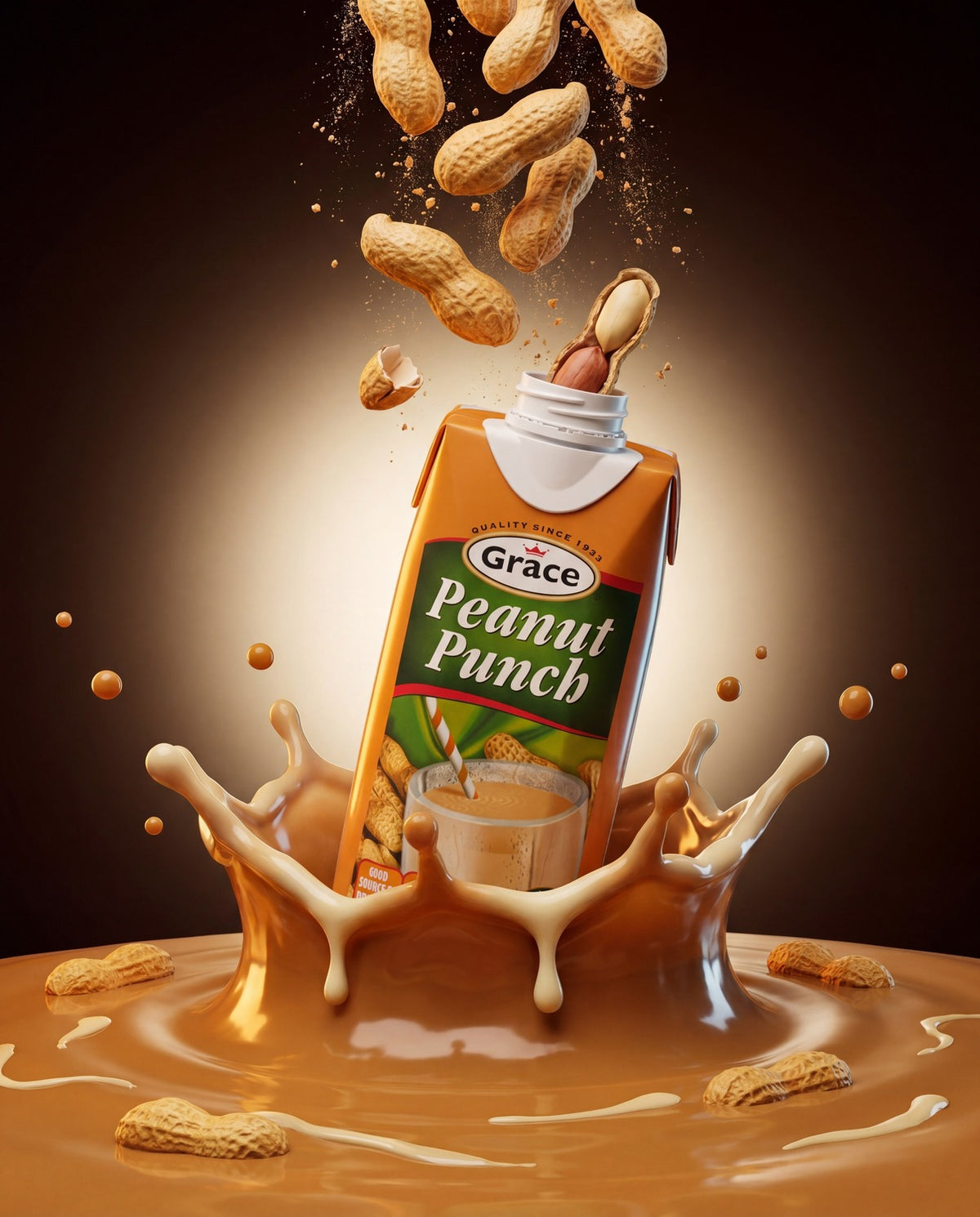 Front view of Grace Peanut Punch carton showcasing a glass of peanut drink, peanuts, and a creamy splash