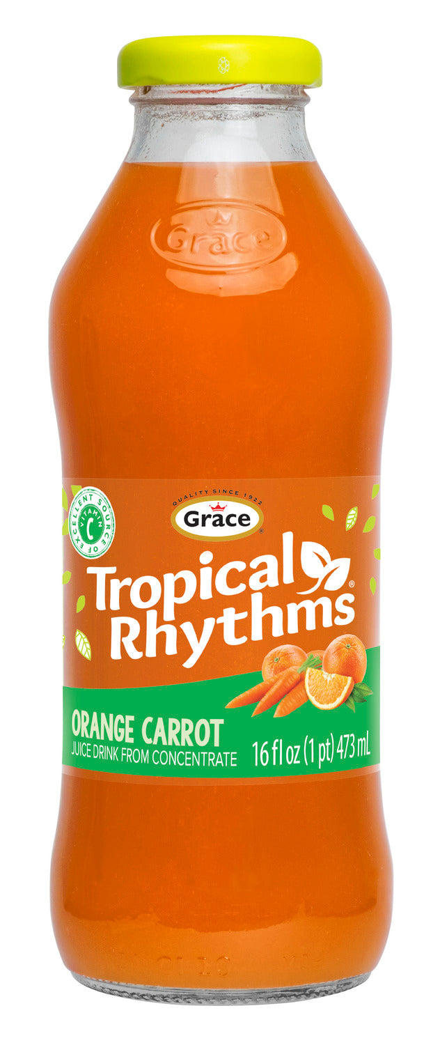 Front view of Grace Tropical Rhythms orange carrot juice drink in 475 mL glass bottle with green cap
