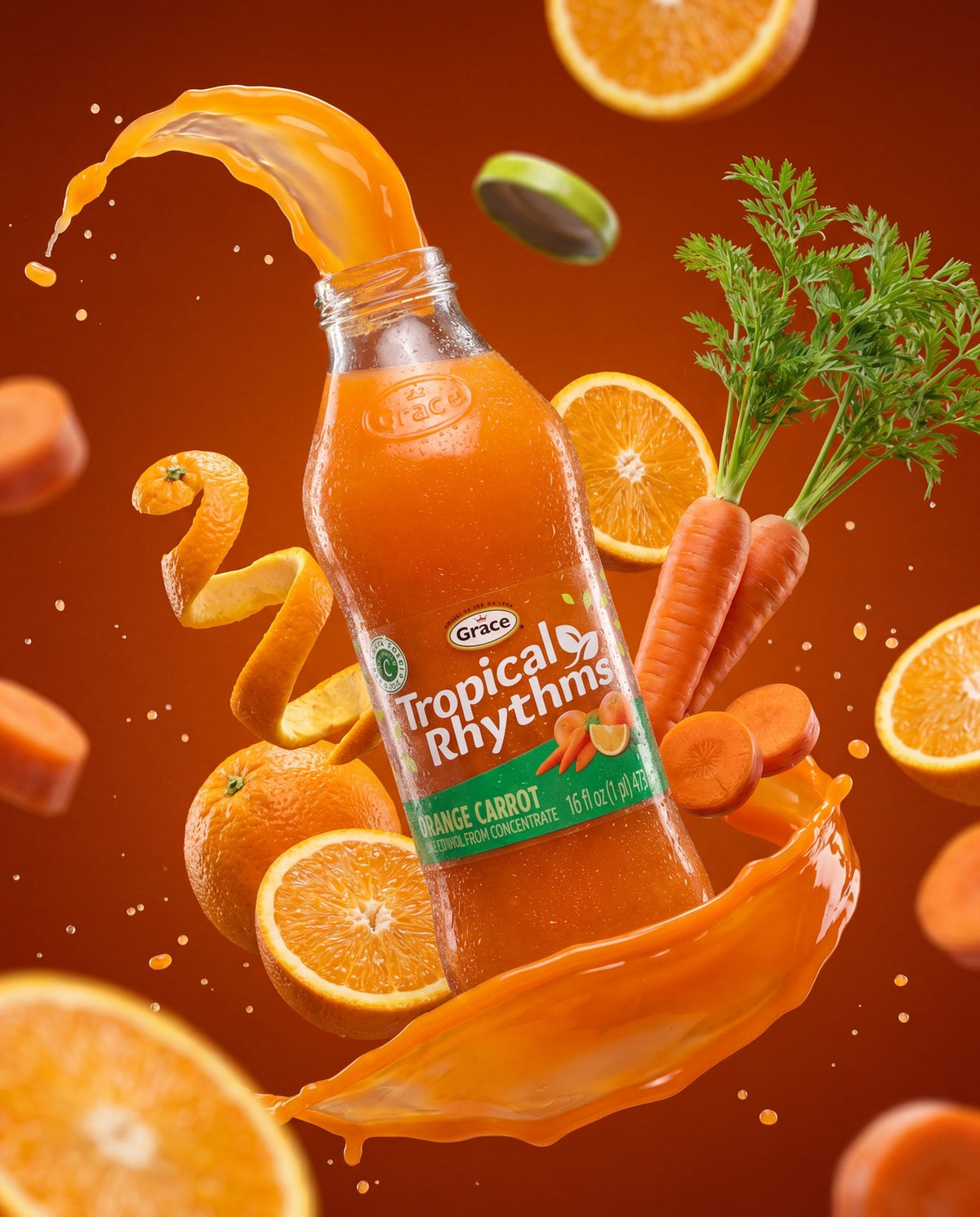 Front view of Grace Tropical Rhythms Orange Carrot Juice Drink showcasing oranges, carrots, and splash on orange background