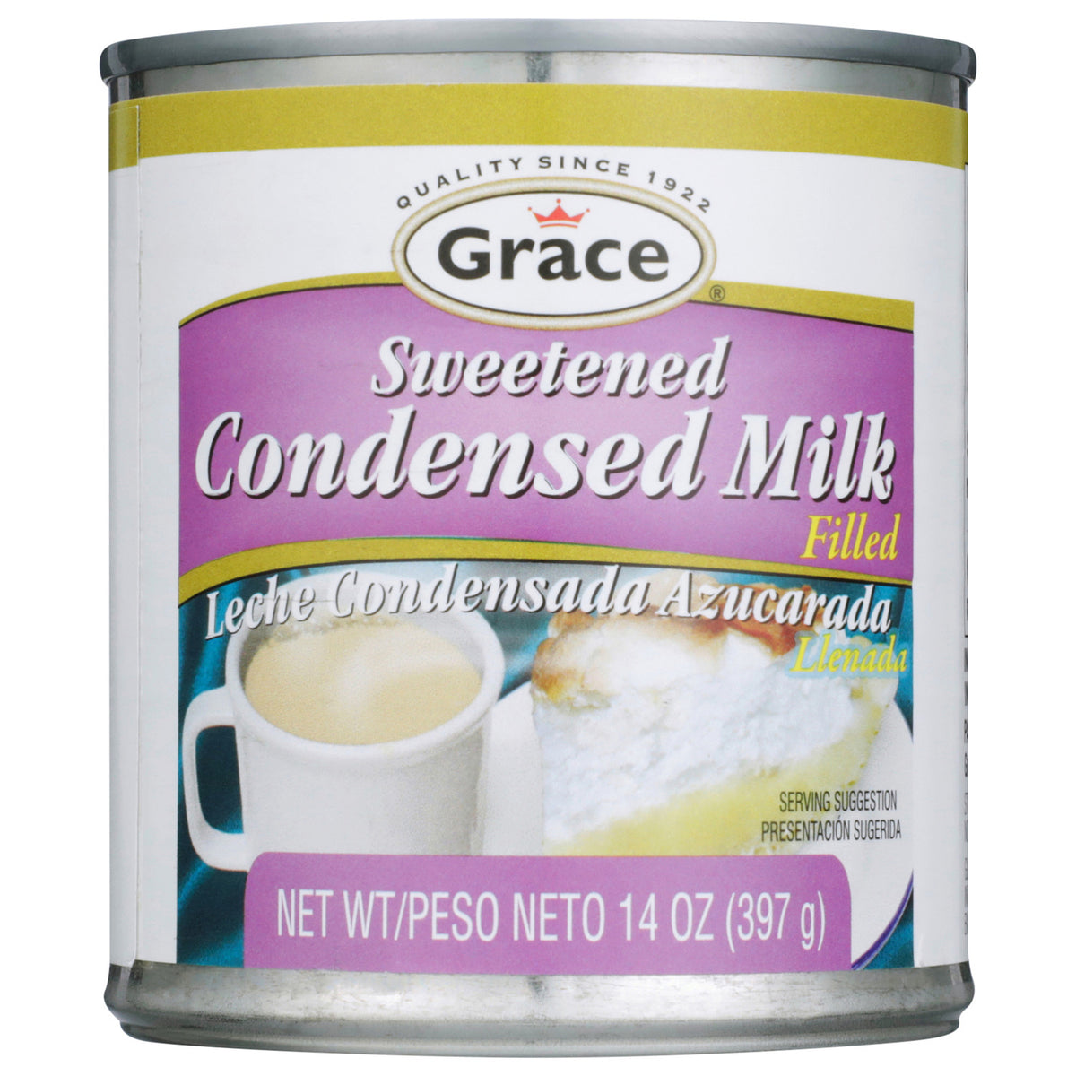 Front view of Grace Sweetened Condensed Milk can showcasing its purple and yellow label on a white background