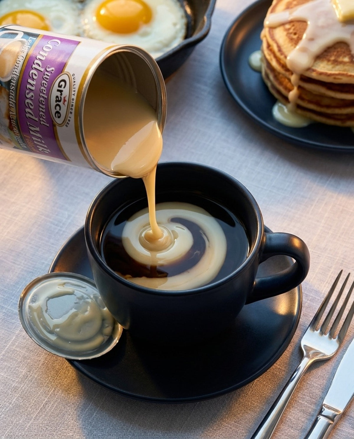 Grace sweetened condensed milk poured into black coffee beside pancakes and fried eggs