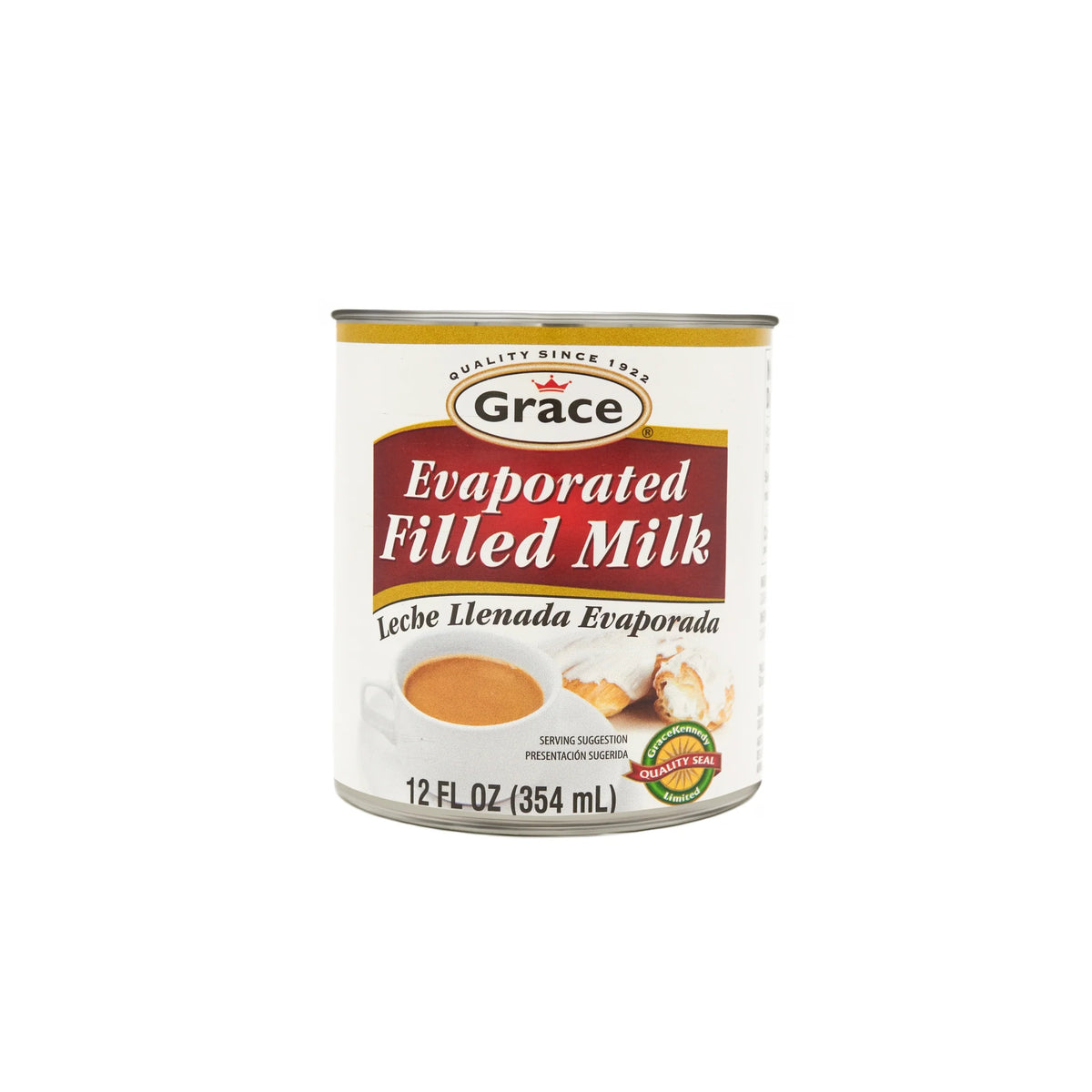Front view of Grace Evaporated Filled Milk can showcasing 12 fluid ounce size on a white background