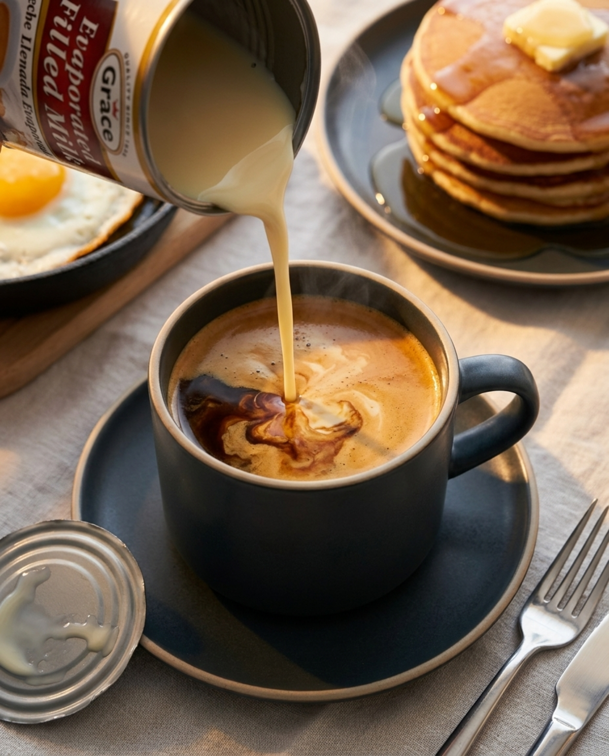 Grace Evaporated Filled Milk poured into coffee beside pancakes and eggs