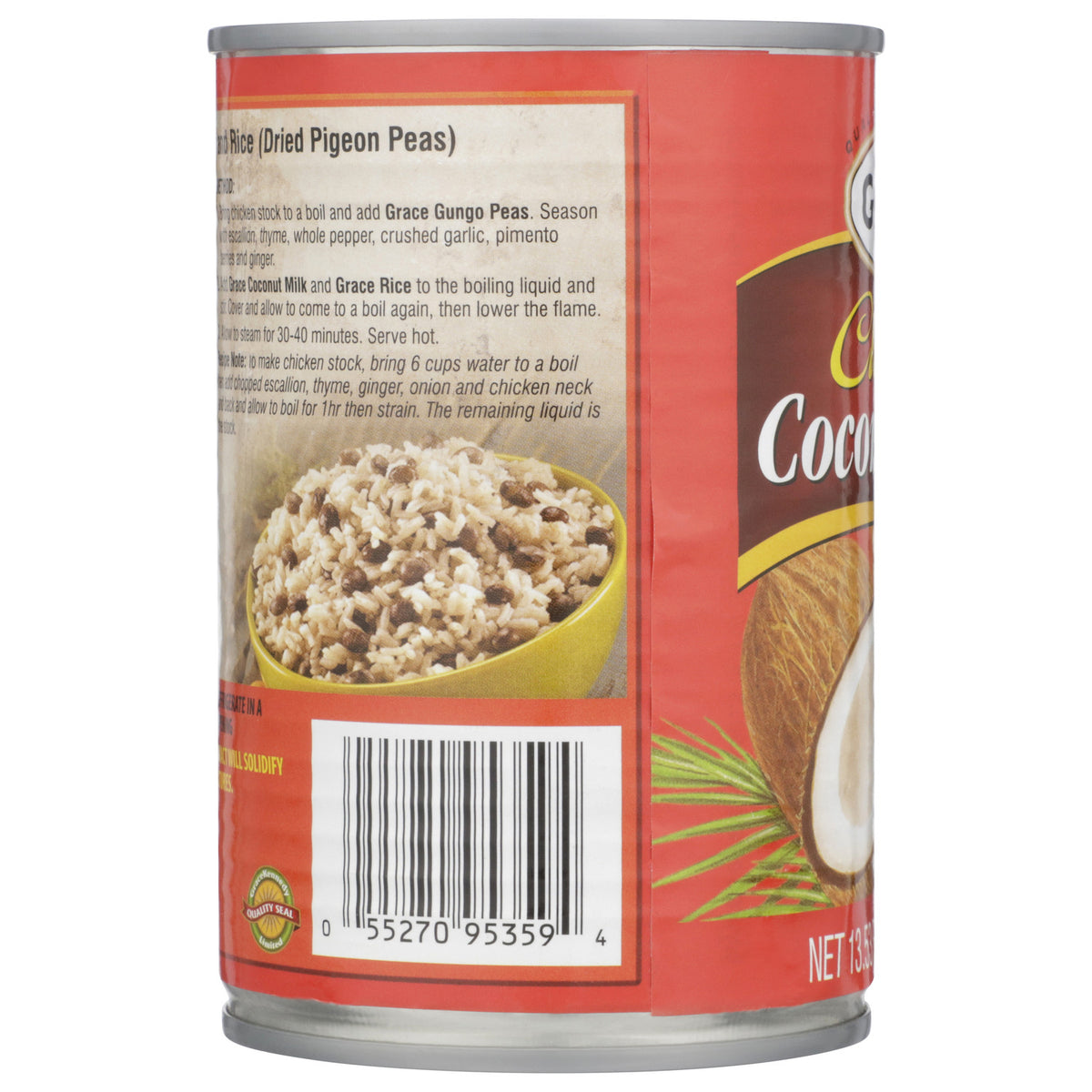 Rear three-quarter view of Grace Classic Coconut Milk can showing recipe panel, barcode, and coconut illustration on white background