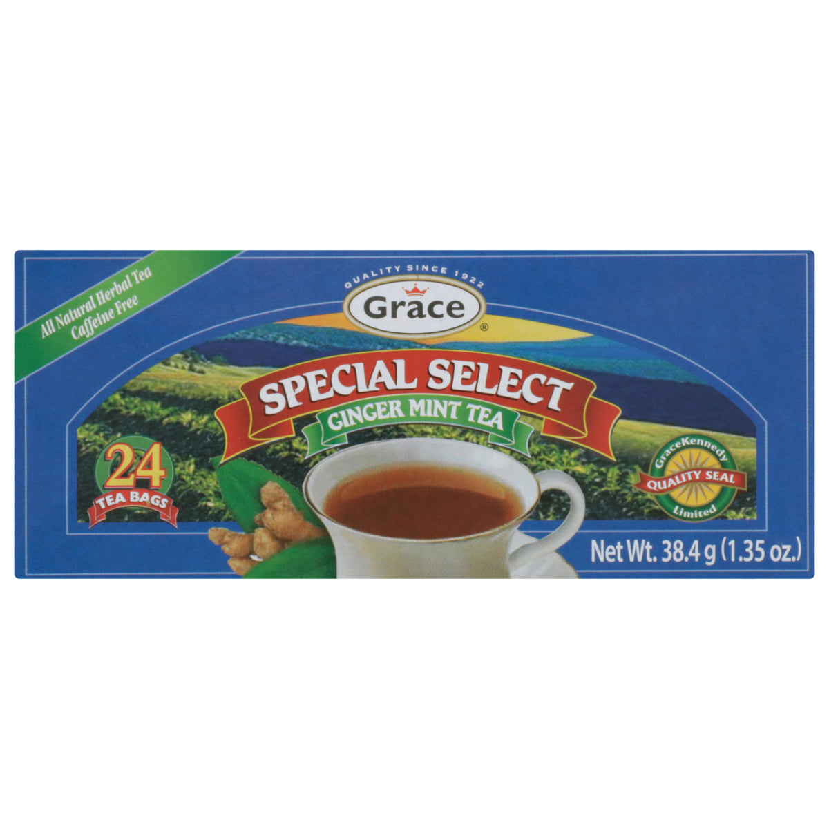 Front view of Grace Special Select Ginger Mint Tea showing 24 tea bags and caffeine-free herbal tea packaging