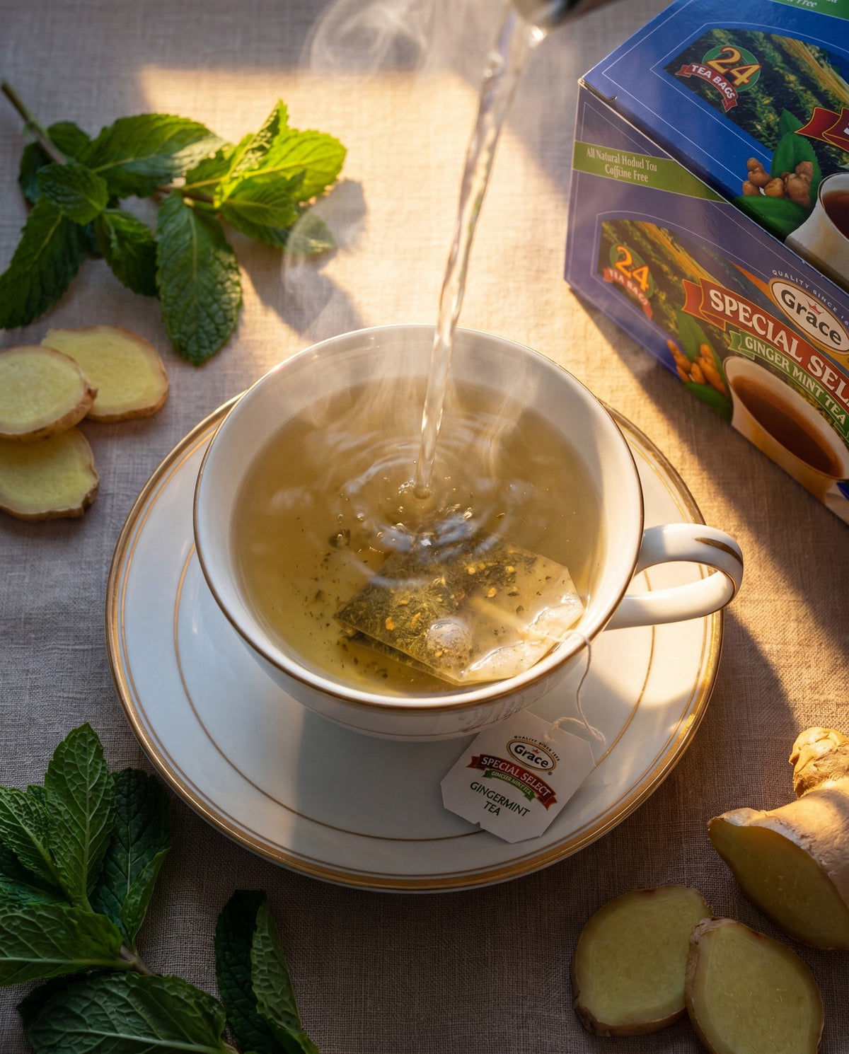 Ginger mint tea being poured into a teacup beside a Grace Special Select Ginger Mint Tea box, mint leaves, and ginger