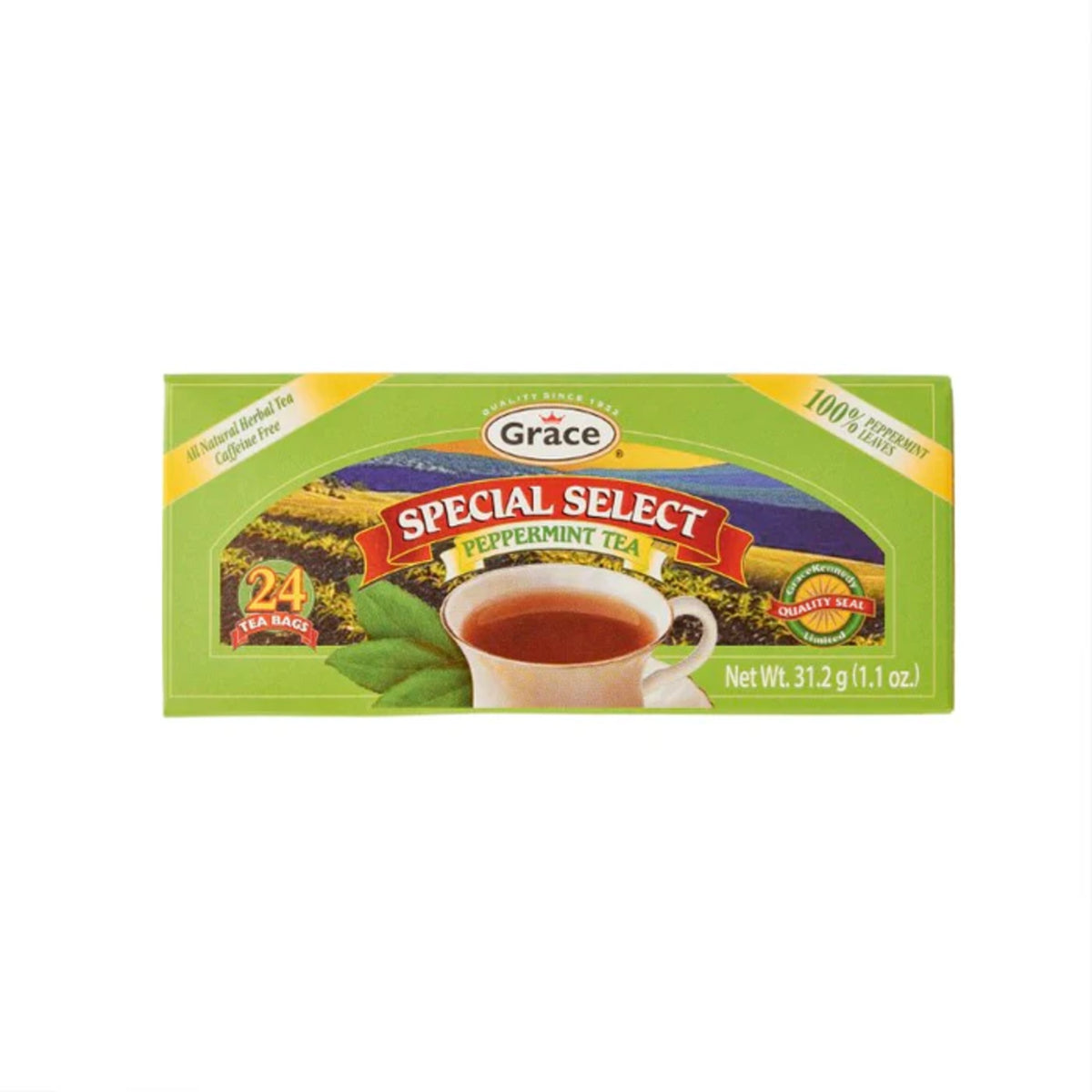 Front view of Grace Peppermint Select Tea box showcasing 24 tea bags and peppermint leaves on a white background