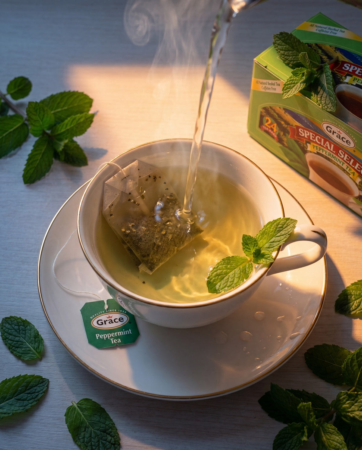 Grace Peppermint Select Tea steeping in a cup with fresh mint leaves and tea box on a sunlit table