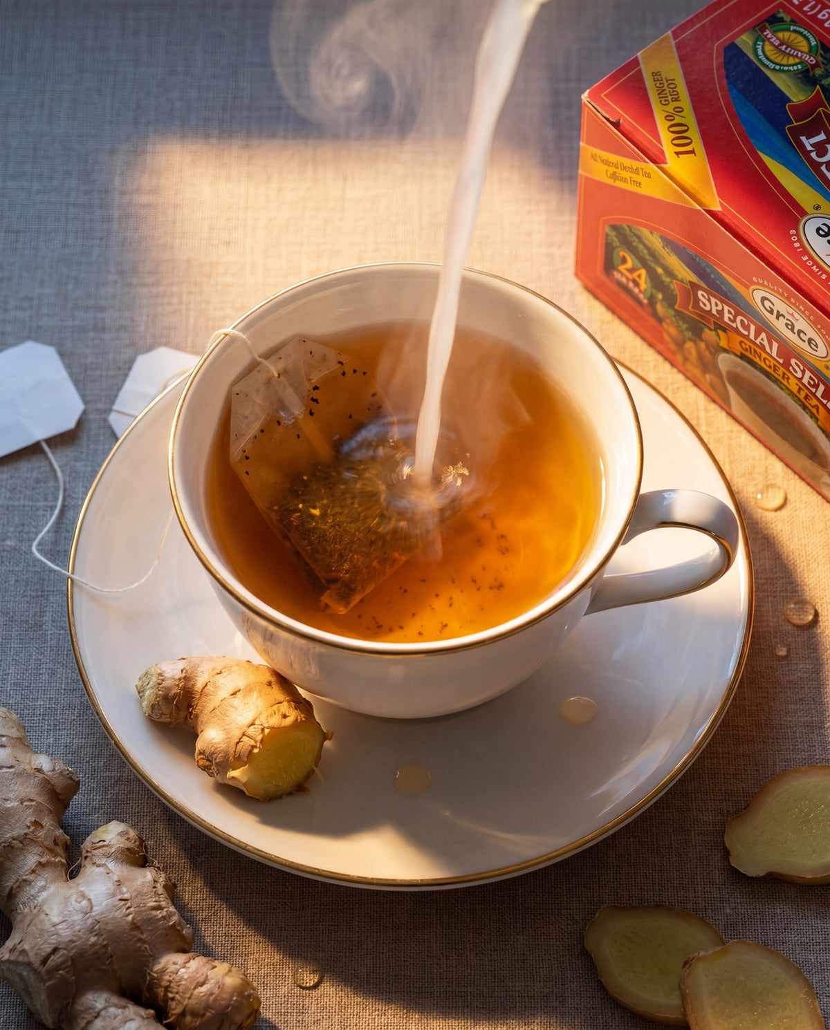 Grace Special Select Ginger Tea being poured into a cup beside the tea box and fresh ginger