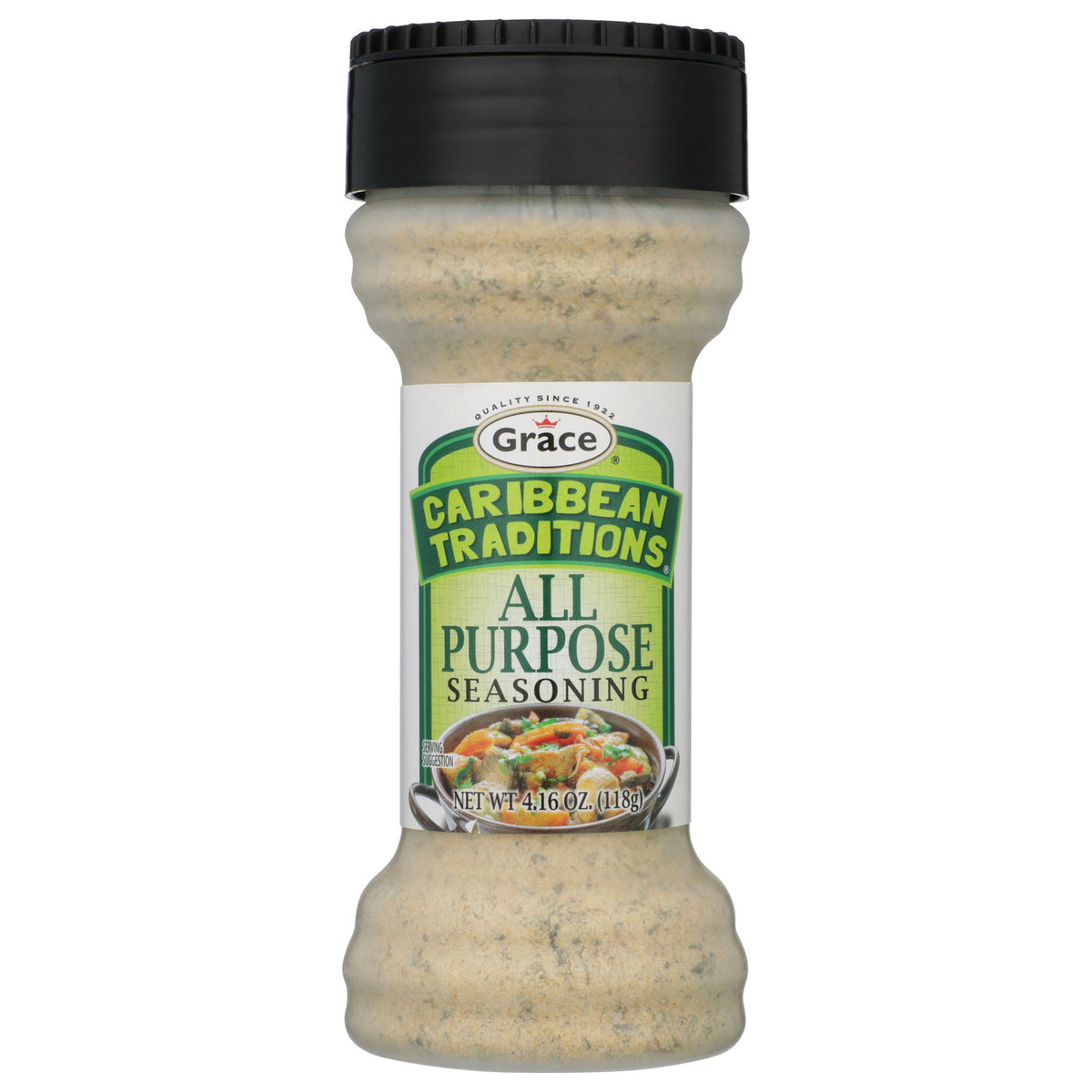 Front view of Grace Caribbean Traditions All Purpose Seasoning bottle showcasing the seasoning blend with a white background