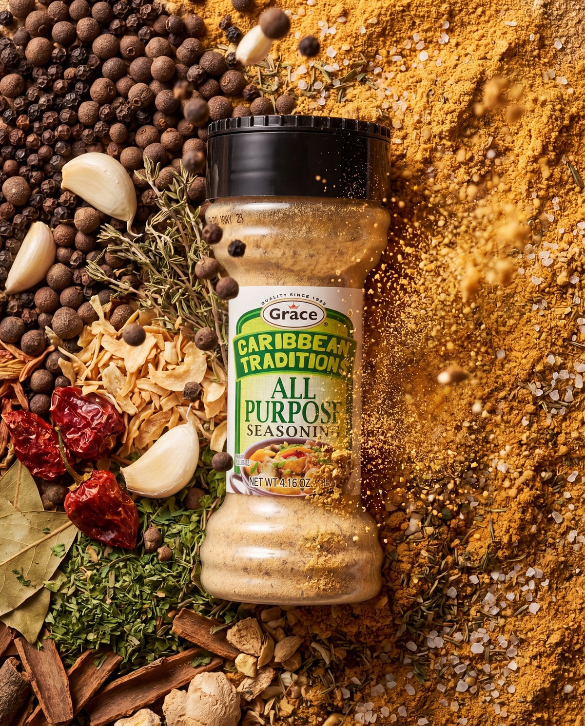 Front view of Grace Caribbean Traditions All Purpose Seasoning showcasing the labeled spice jar with spices and seasoning powder