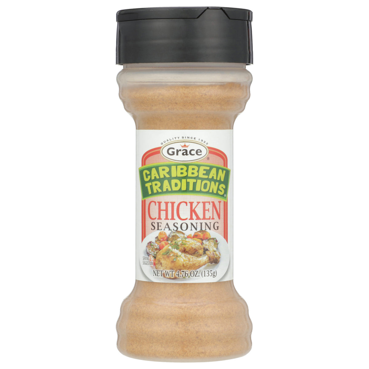 Front view of Grace Caribbean Traditions Chicken Seasoning showing a labeled spice bottle with chicken dish illustration on white background