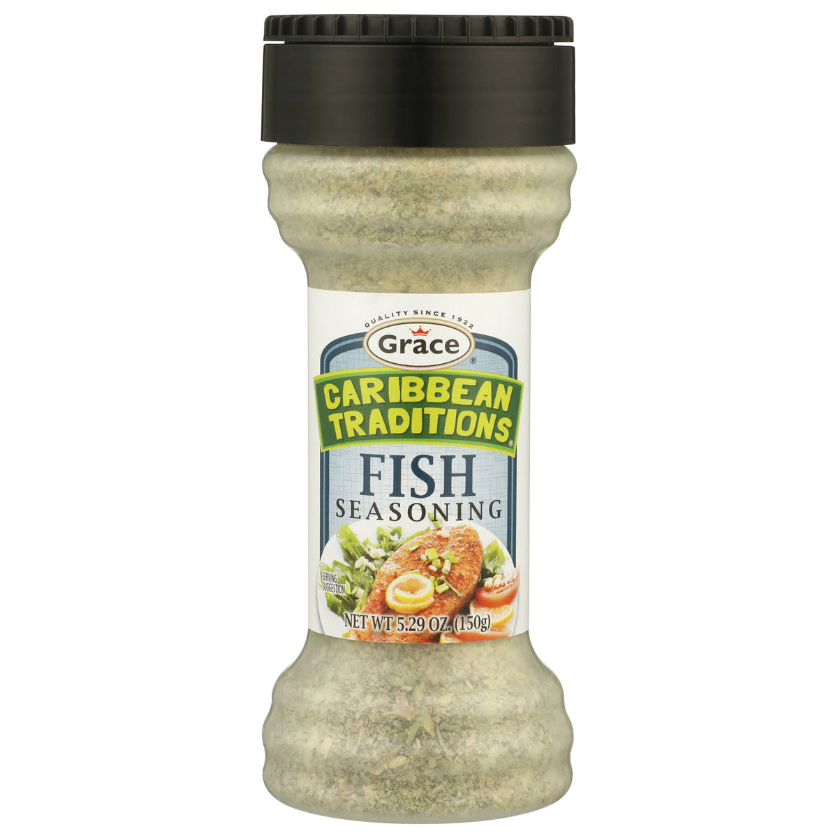 Front view of Grace Caribbean Traditions Fish Seasoning bottle showcasing the seasoning blend on a white background