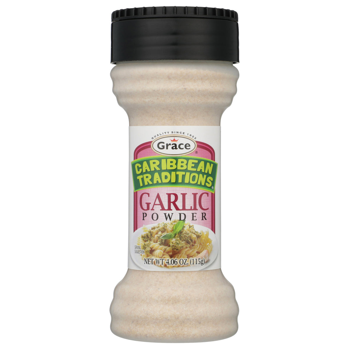 Front view of Grace Caribbean Traditions Garlic Powder bottle showcasing 4.06 oz size on a white background
