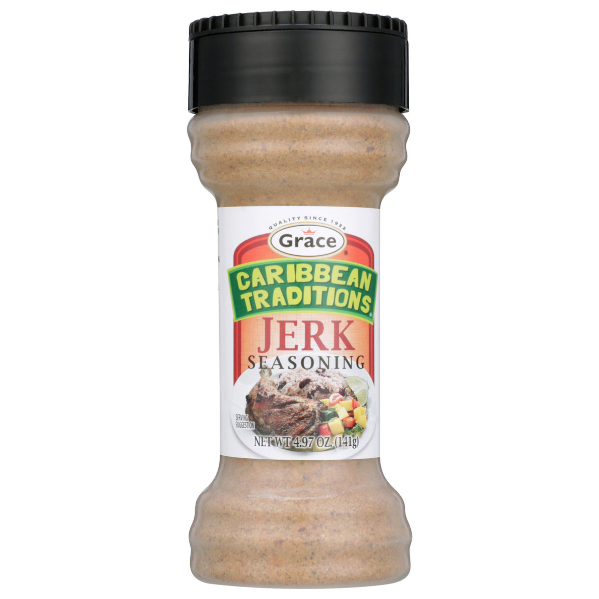Front view of Grace Caribbean Traditions Jerk Seasoning bottle with 4.97 ounce net weight on white background