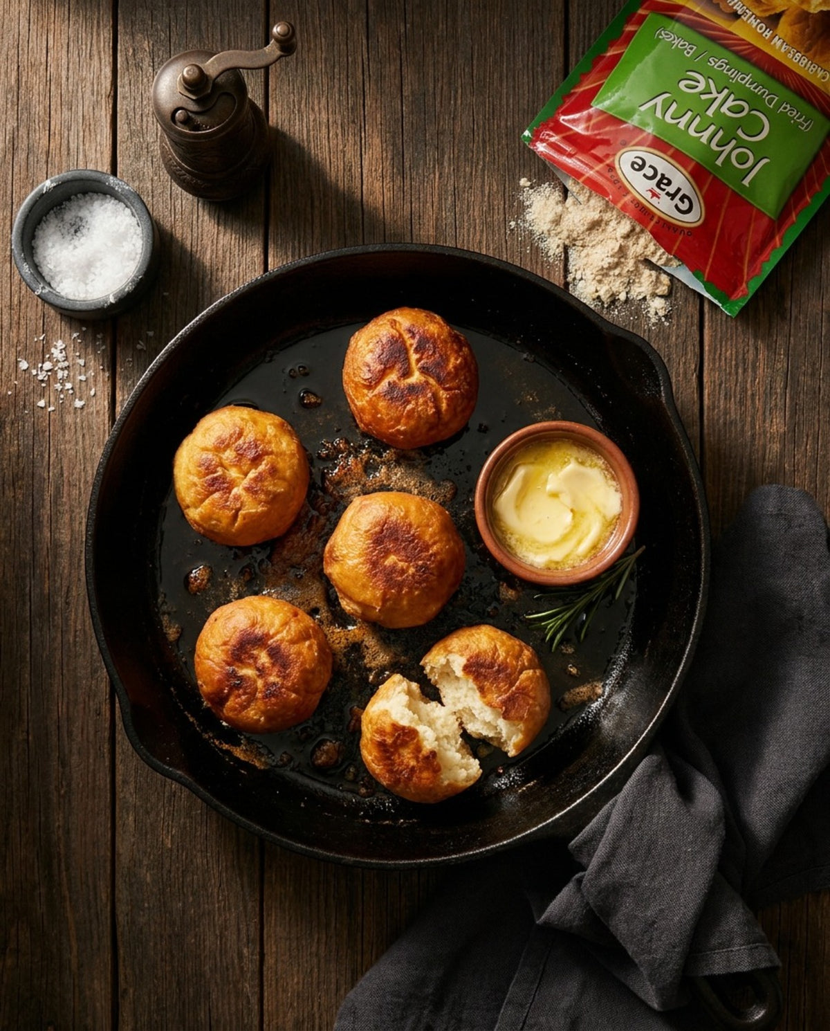Grace Fried Dumpling Johnny Cake Mix with fried dumplings in a skillet beside butter on a wooden table