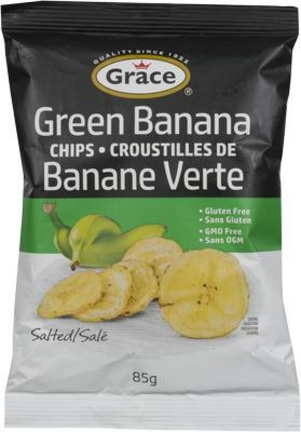 Front view of Grace Green Banana Chips showcasing salted chips and green bananas on a white background