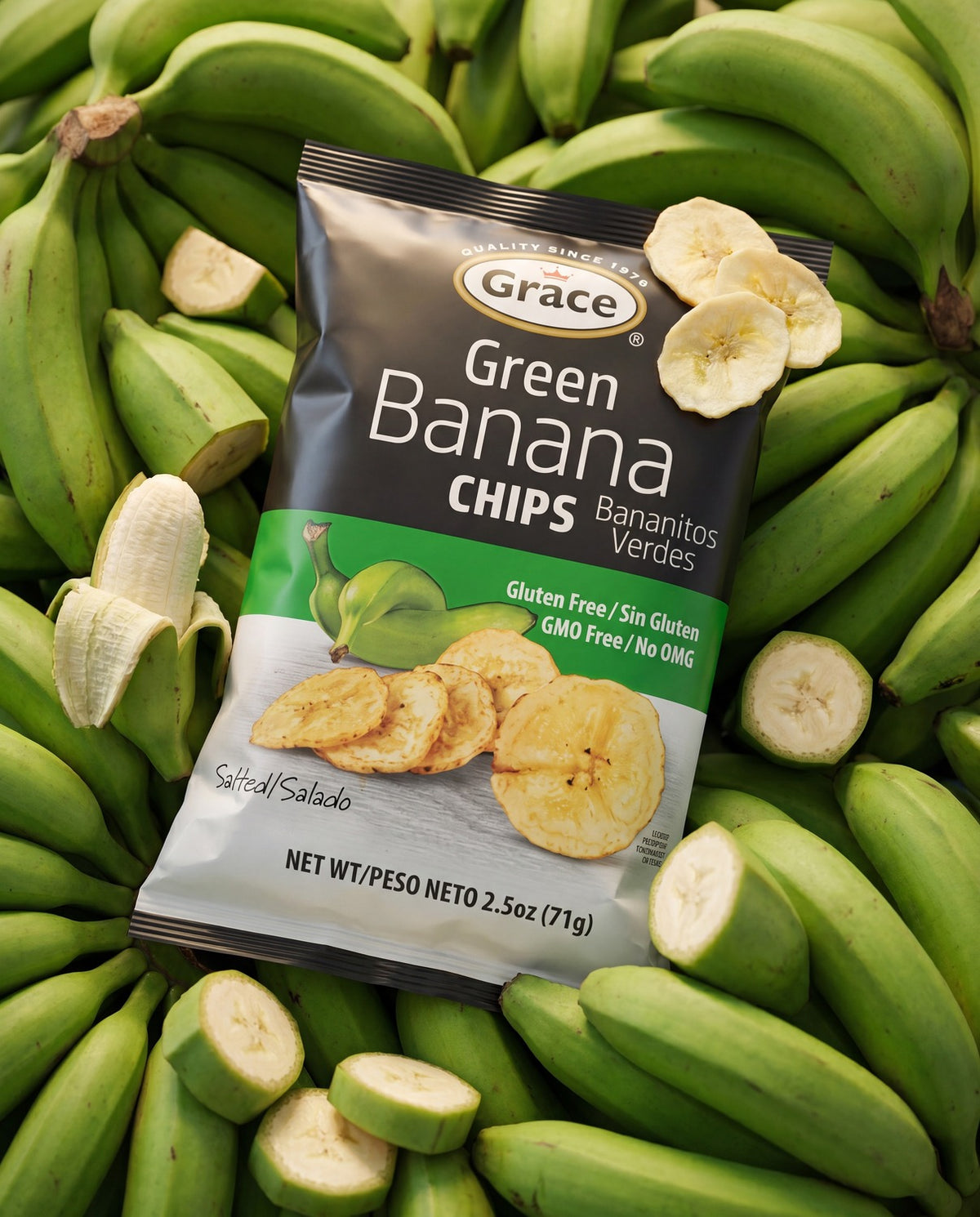 Angled view of Grace Green Banana Chips bag showcasing salted flavor among green bananas