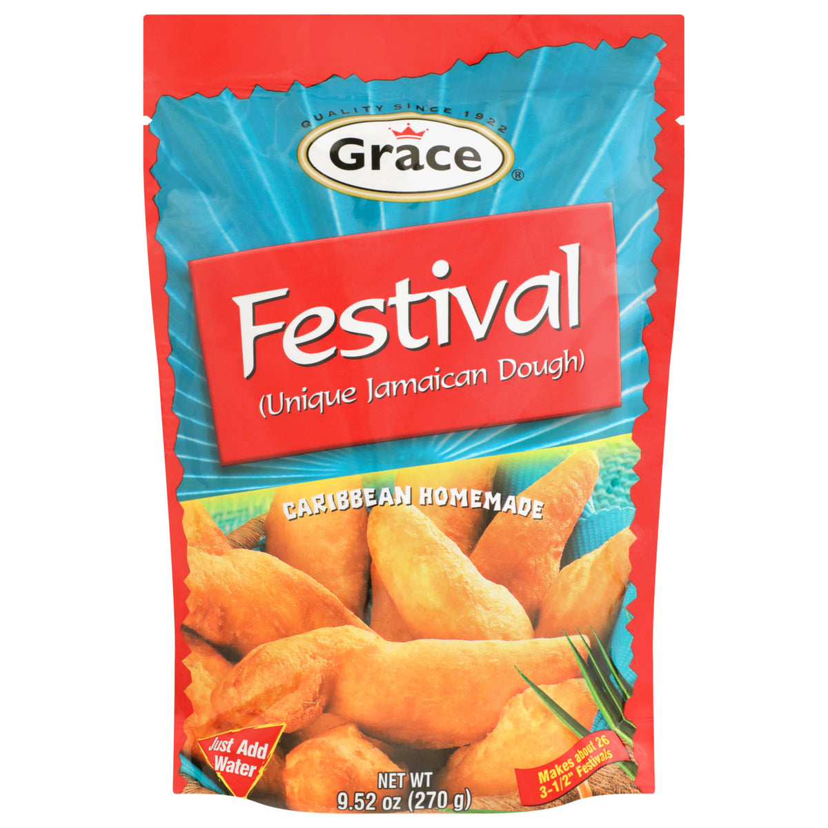 Front view of 270 g Grace Festival Mix showcasing Jamaican dough mix packaging with festival fritters on a white background