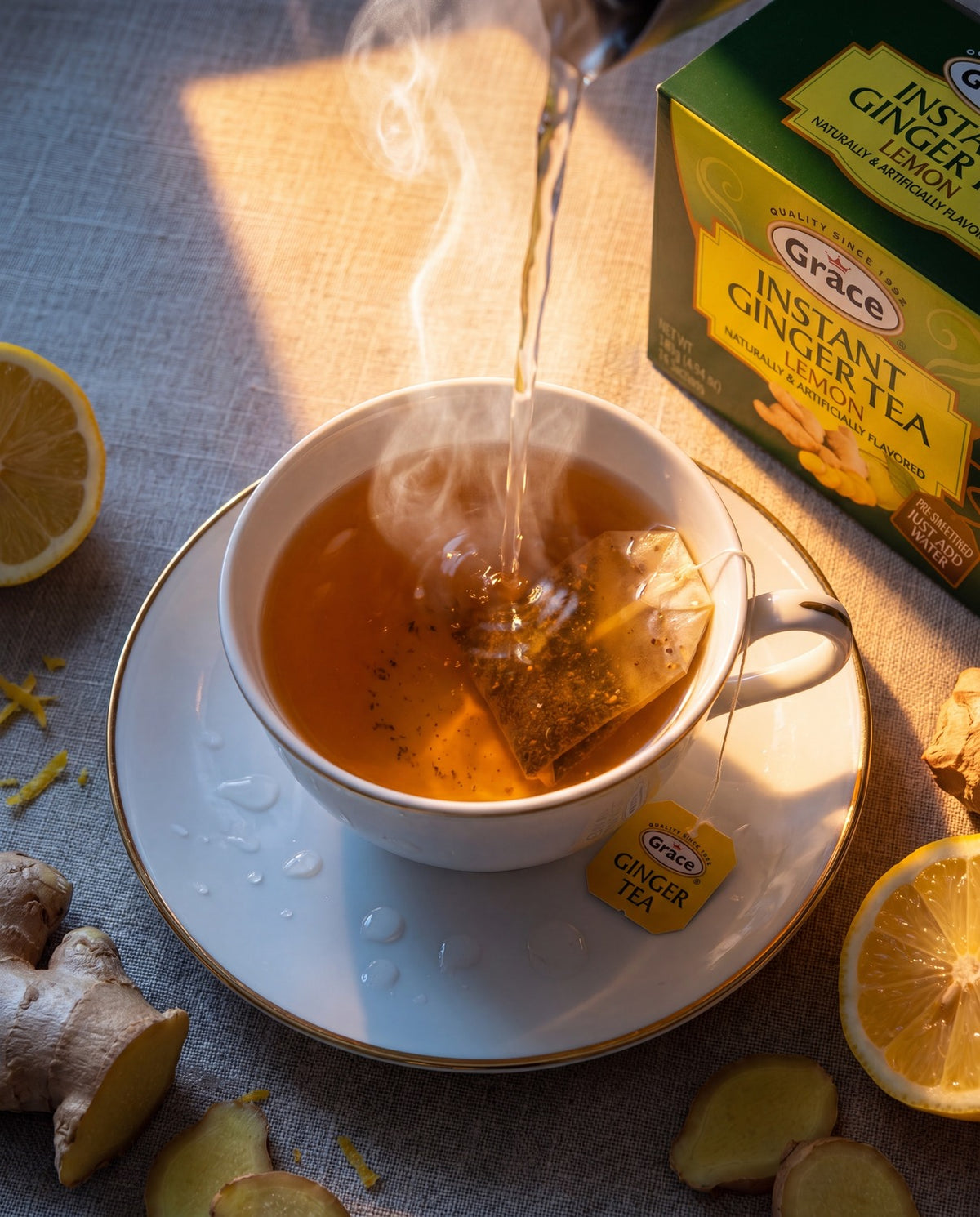 Hot tea poured into a cup beside a Grace Instant Ginger Lemon Tea box, with ginger and lemon slices on a table
