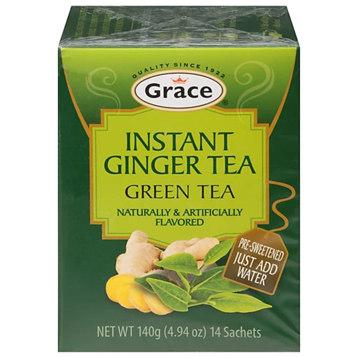 Front view of Grace Instant Ginger Green Tea box showing 140 g, 14 sachets, and ginger and green tea imagery