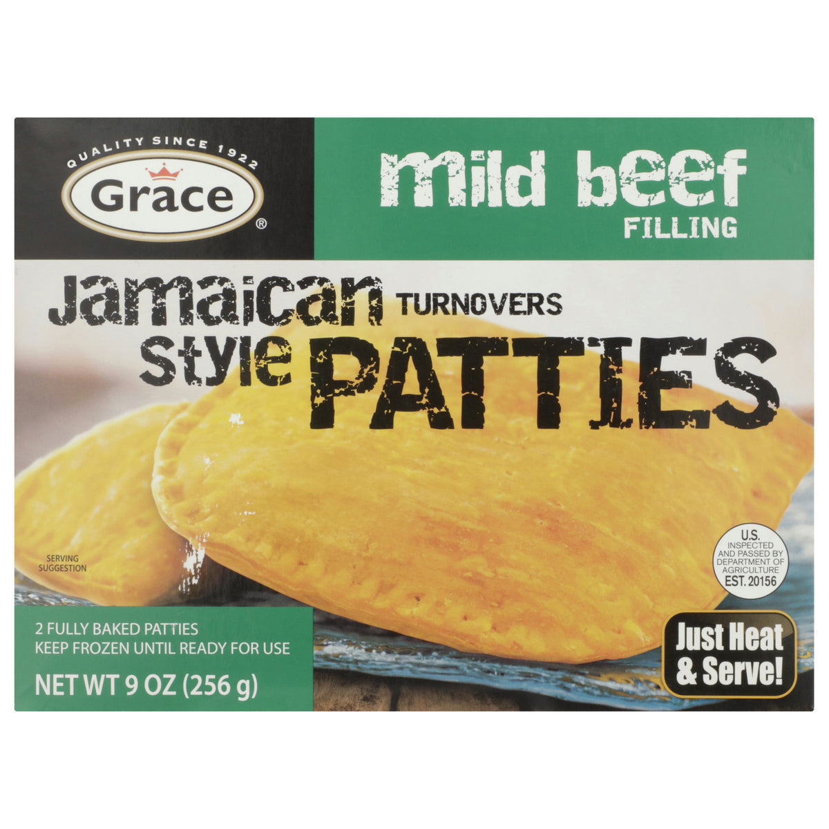 Front view of Grace Mild Beef Jamaican Style Turnover Patties packaging with golden baked patties and heat and serve instructions