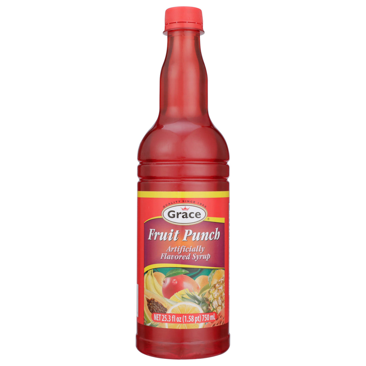 Front view of Grace Fruit Punch Syrup bottle with red packaging, fruit illustrations, and 25.3 fl oz marking
