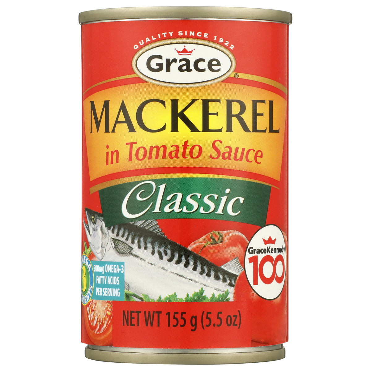 Front view of Grace Classic Mackerel in Tomato Sauce can showcasing red packaging and 155 gram size against white background