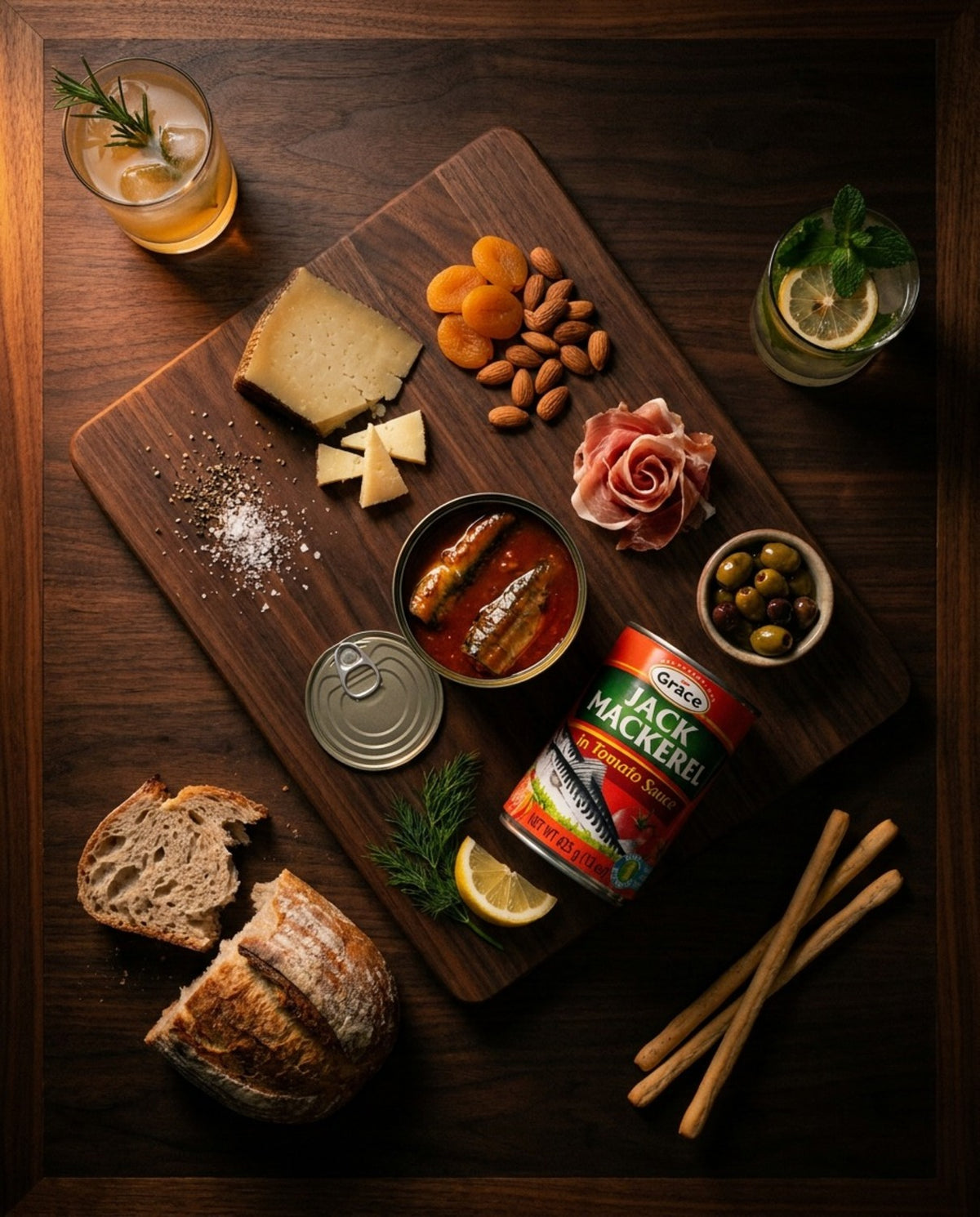 Grace Jack Mackerel in Tomato Sauce can displayed on a charcuterie board with bread, cheese, olives, and drinks
