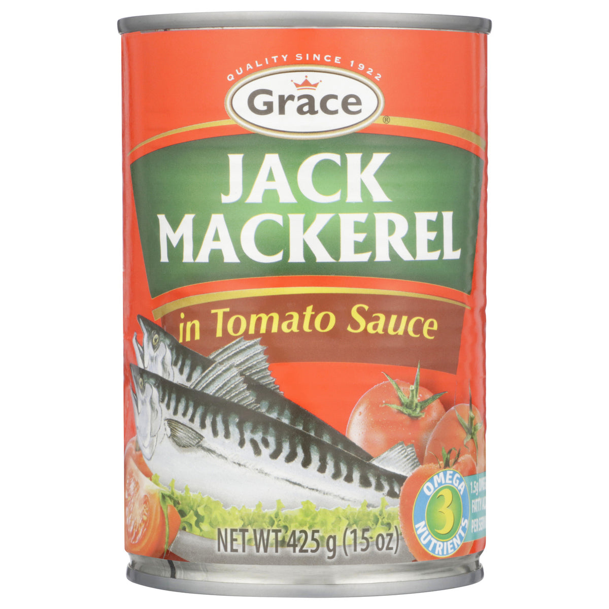 Front view of Grace Jack Mackerel in Tomato Sauce 15 oz can showcasing jack mackerel and tomatoes on the label