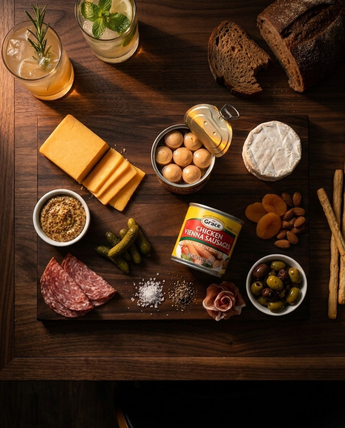 Angled view of Grace Chicken Vienna Sausages in Chicken Broth can showcasing the label on a charcuterie board