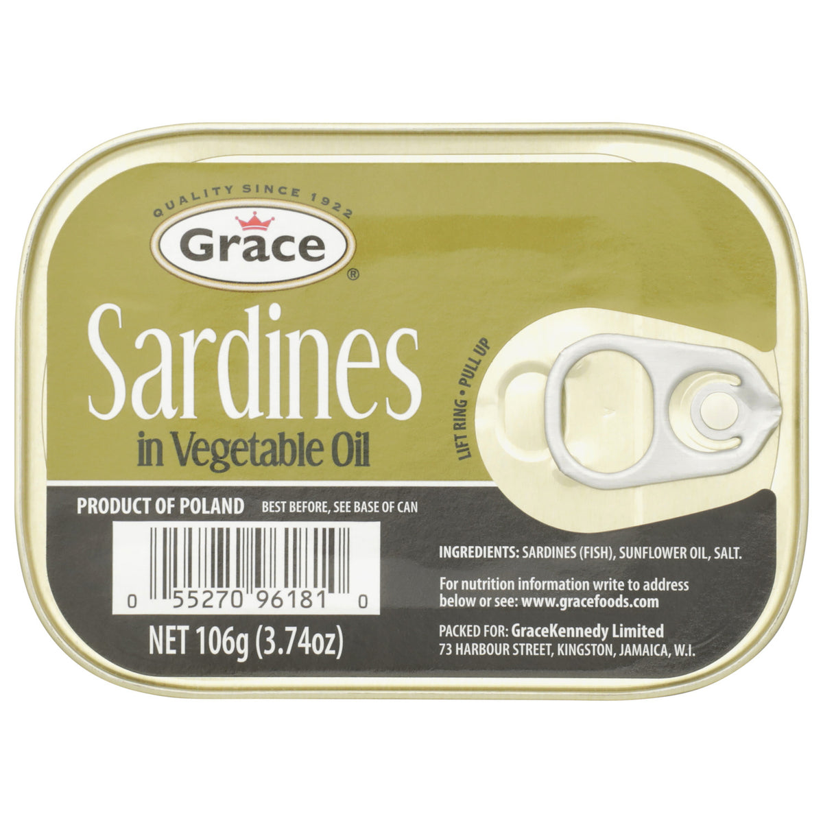 Front view of Grace Sardines in Vegetable Oil can showcasing pull-tab lid and 106 g size on white background
