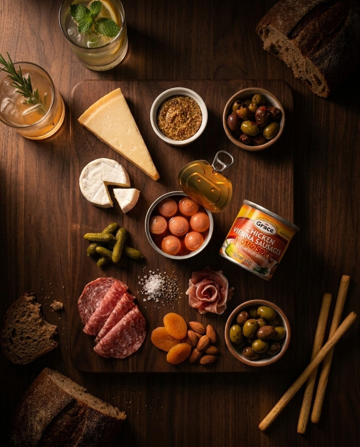 Top view of Grace Hot & Spicy Chicken Vienna Sausages in Chicken Broth with open can and sausages on charcuterie spread