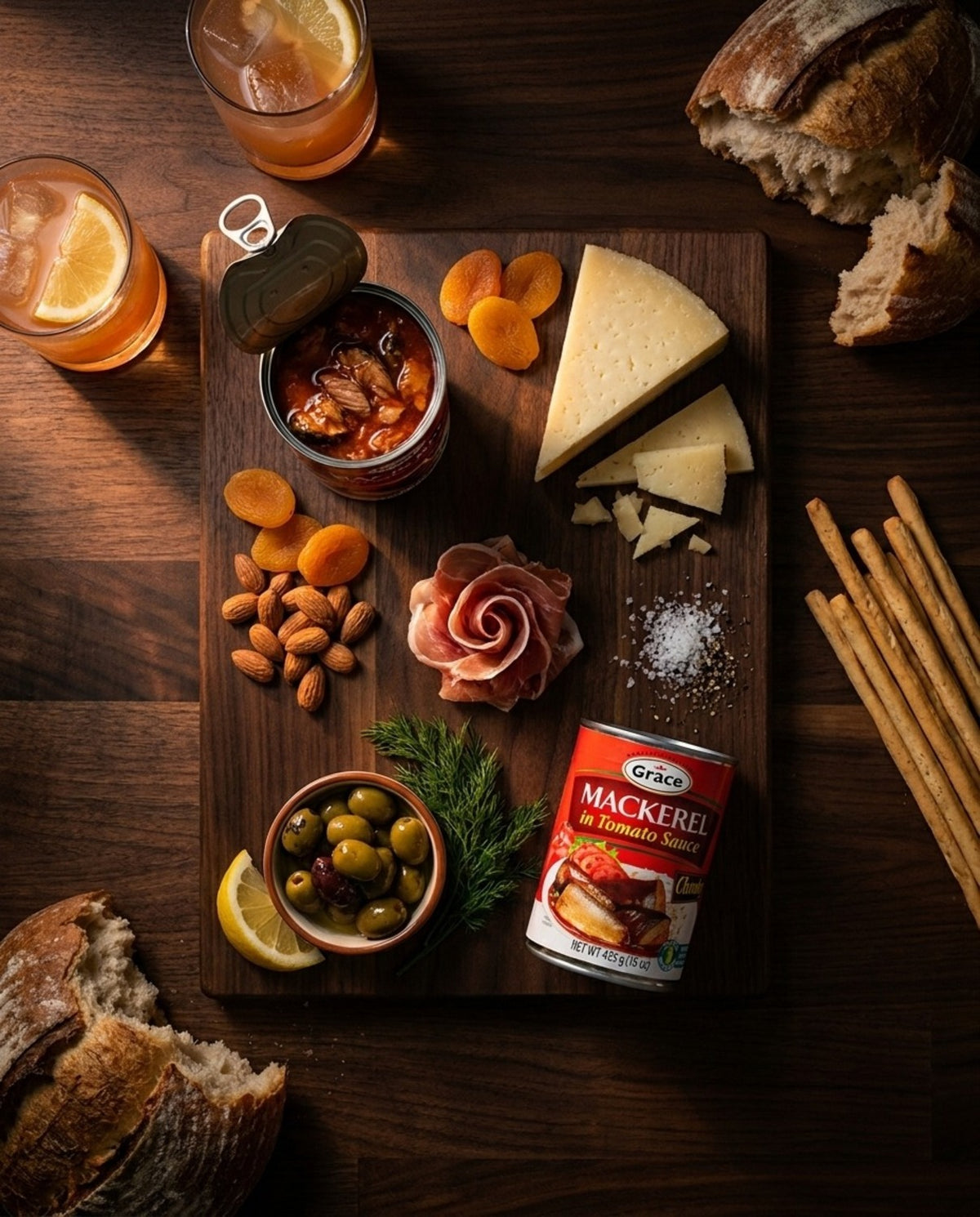 Angled view of Grace Mackerel in Tomato Sauce can showcasing its red label with a charcuterie board background