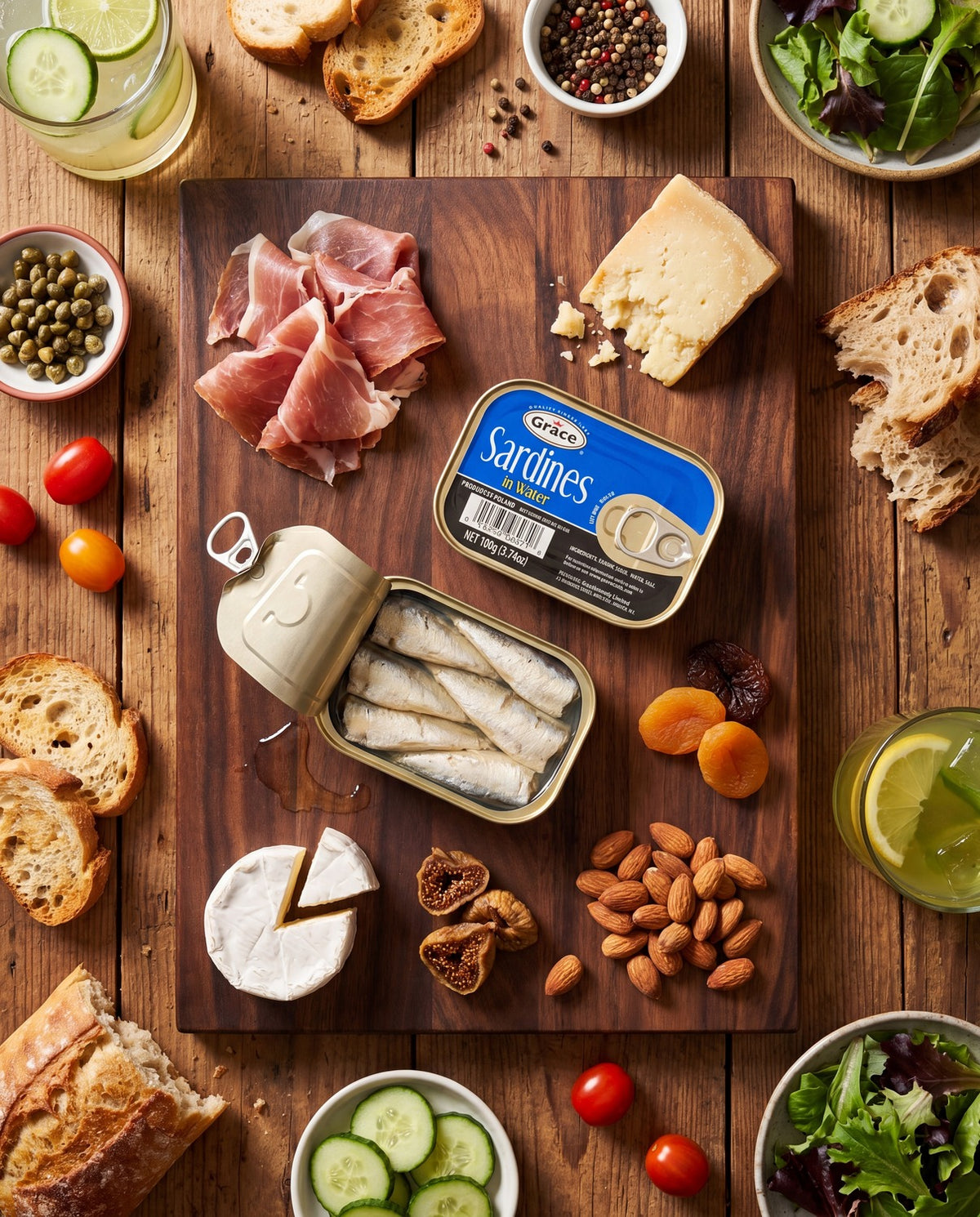 Top view of Grace Sardines in Water can and opened sardines on a charcuterie board
