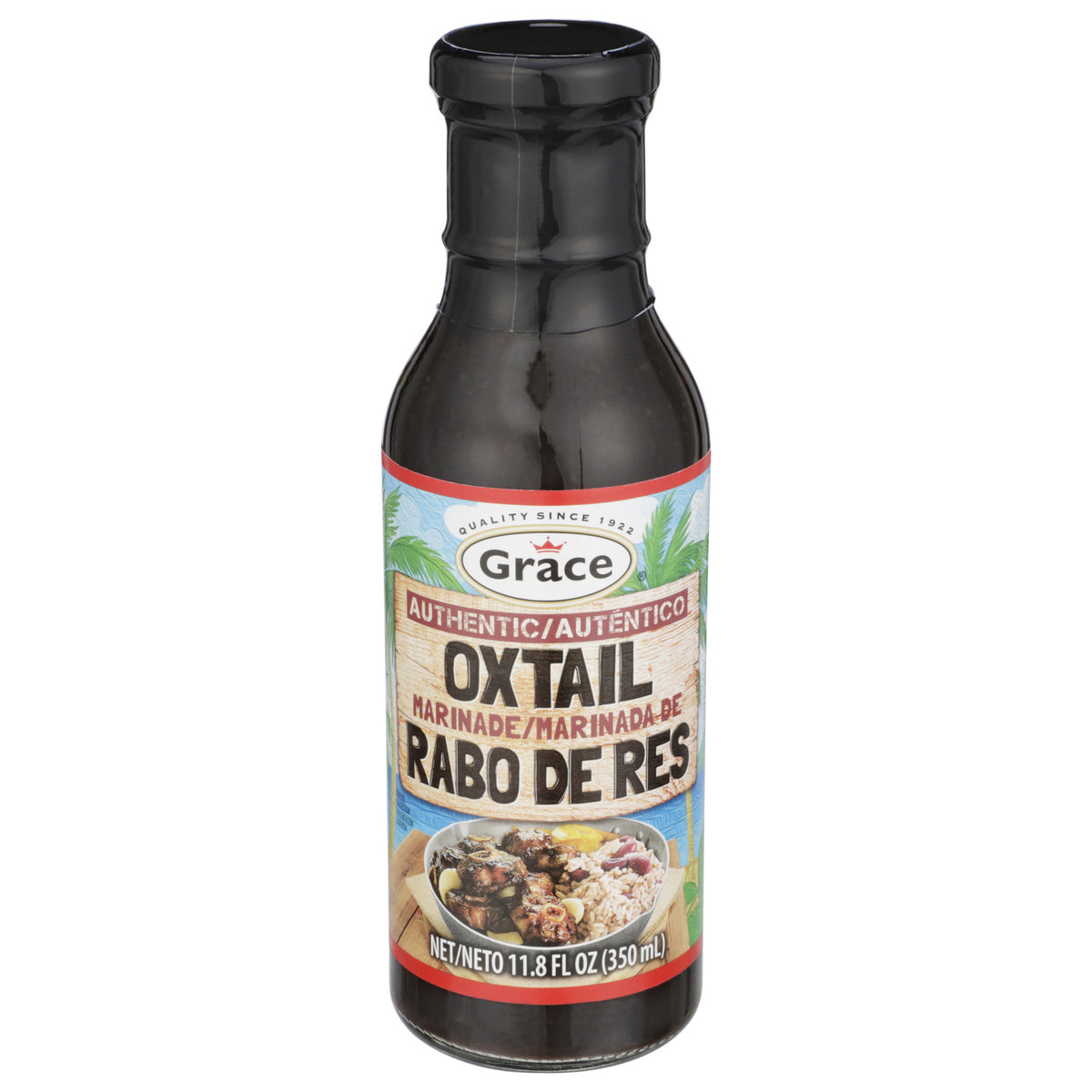 Front view of Grace Oxtail Marinade bottle showcasing bilingual label with white background