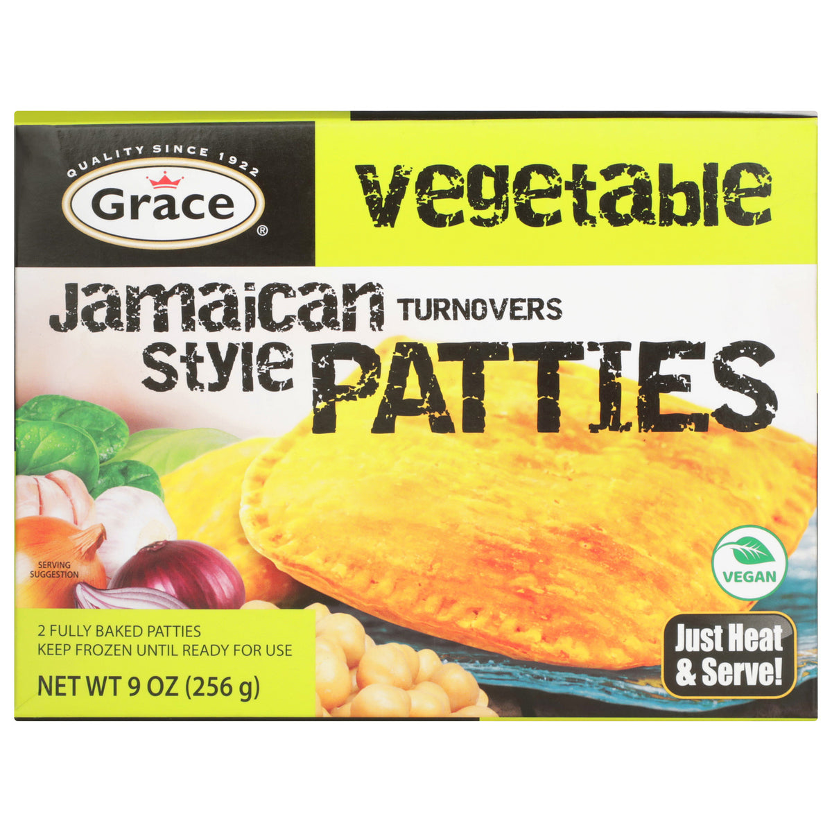 Front view of Grace Vegetable Jamaican Style Turnover Patties showcasing vegan labeling with colorful package design