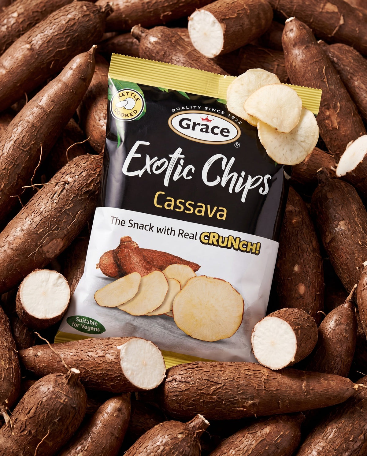 Front view of Grace Exotic Chips Cassava bag showcasing kettle cooked cassava chips and vegan label with whole cassava roots