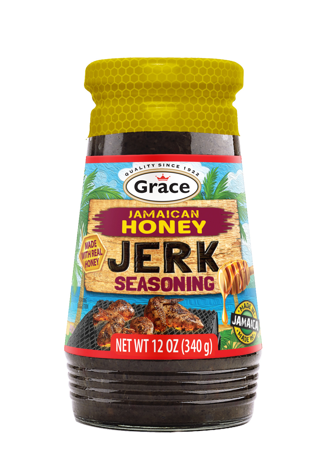 Front view of Grace Jamaican Honey Jerk Seasoning showcasing real honey and 12 ounce size with white background