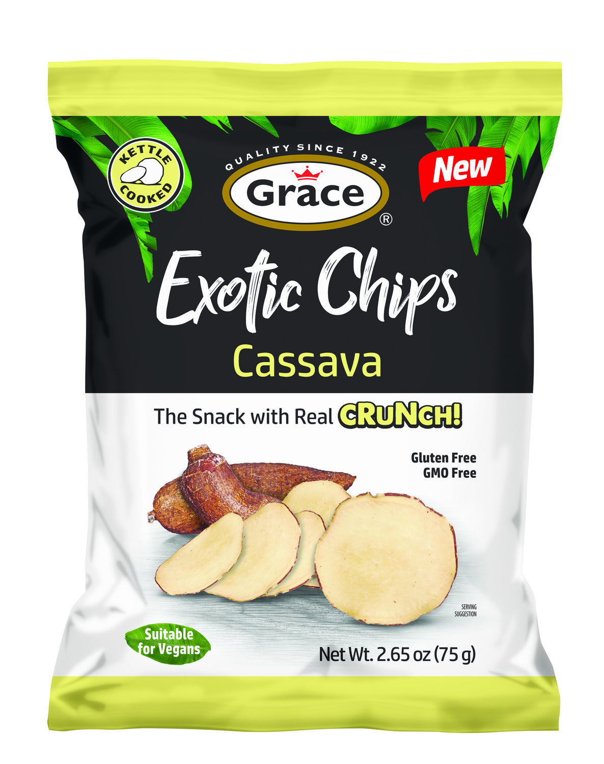 Front view of Grace Exotic Chips Cassava bag showcasing kettle-cooked cassava chips, 75 g, on a white background