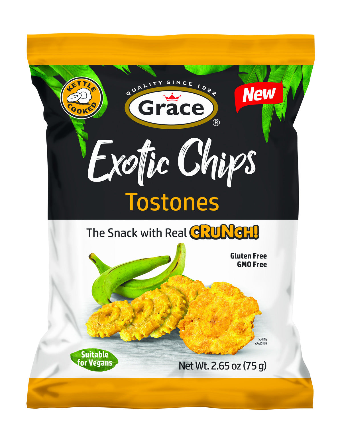 Front view of Grace Exotic Chips Tostones 75 g bag showcasing golden tostones and green plantains on a white background