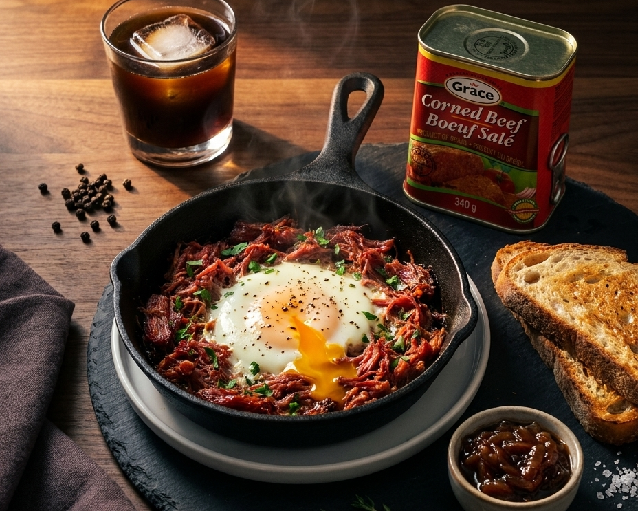 Skillet of corned beef hash topped with an egg beside Grace Corned Beef, toast, and coffee