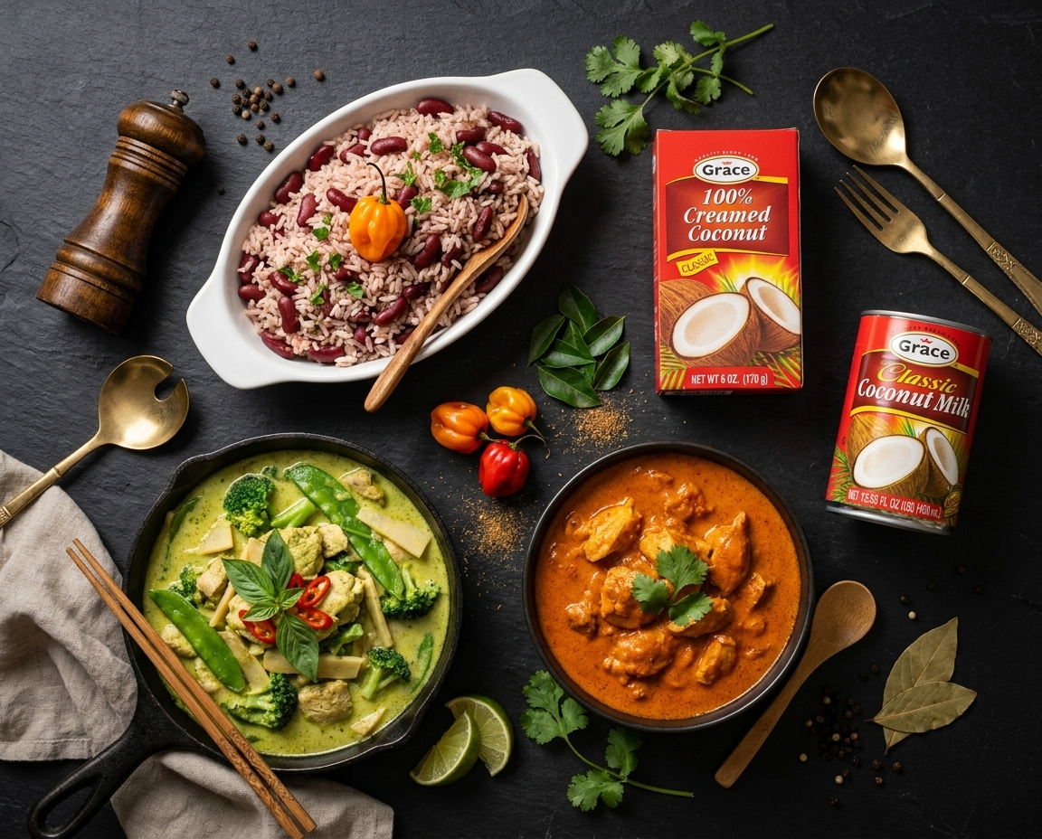 Coconut-based dishes served with Grace coconut products on a dark tabletop