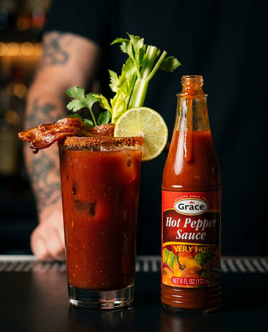 Grace Very Hot Pepper Sauce beside a dark red drink garnished with bacon, lime, and celery