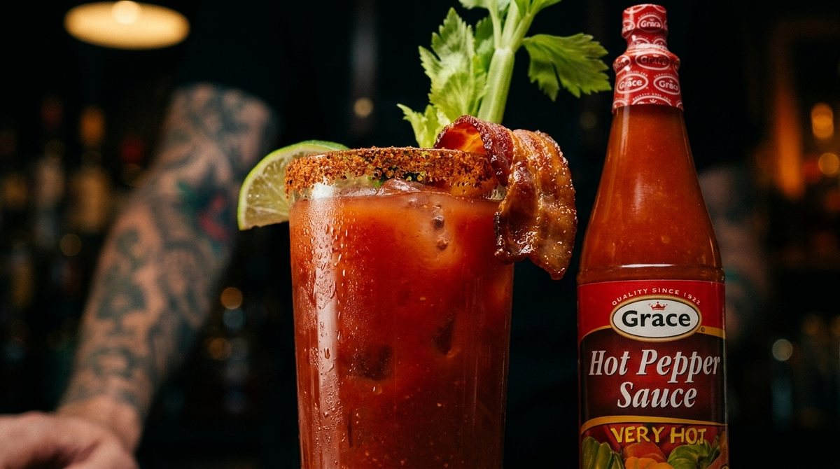 Spicy tomato drink garnished with bacon, lime, and celery beside a Grace Hot Pepper Sauce bottle in a dim bar