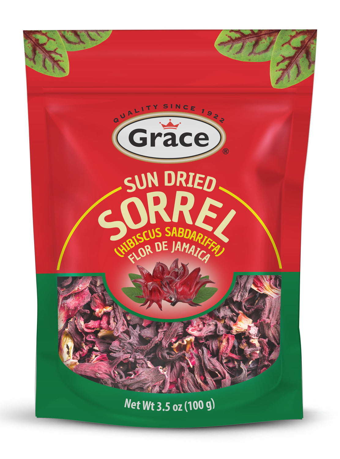 Front view of Grace Sun-Dried Sorrel package showcasing dried sorrel flowers in a red and green pouch on white background