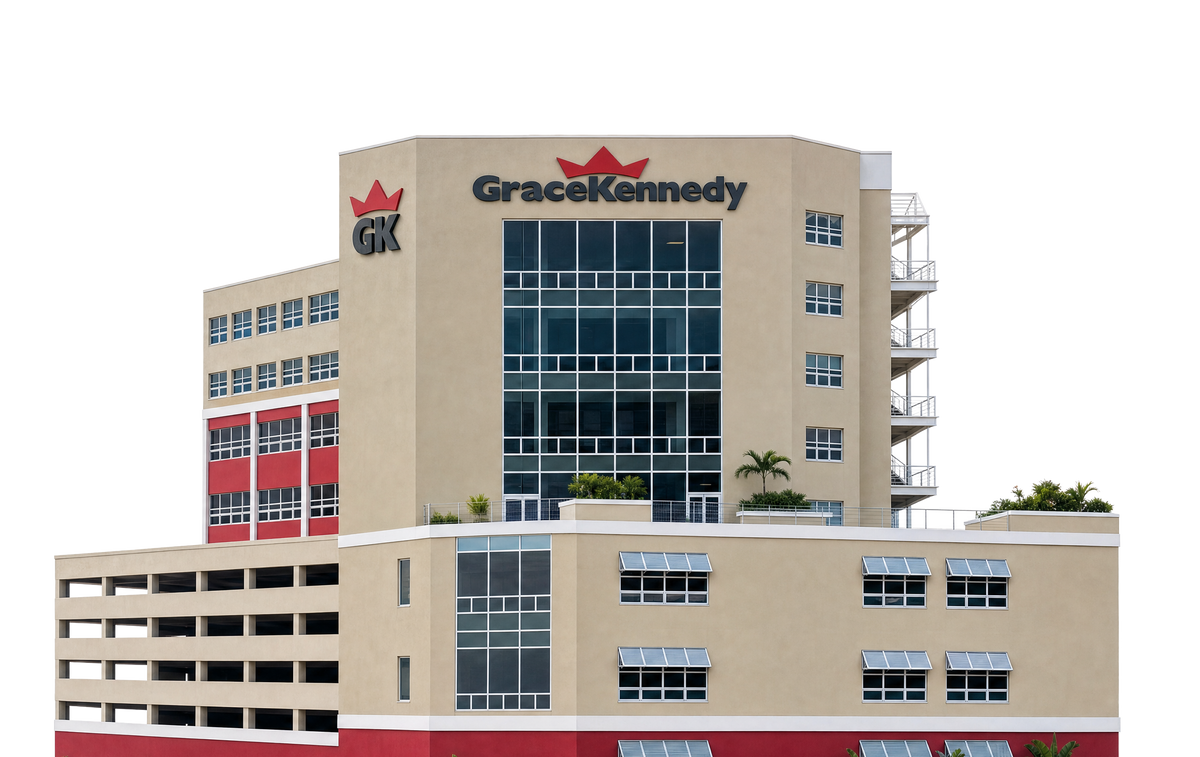 GraceKennedy headquarters building with a glass facade and red accents