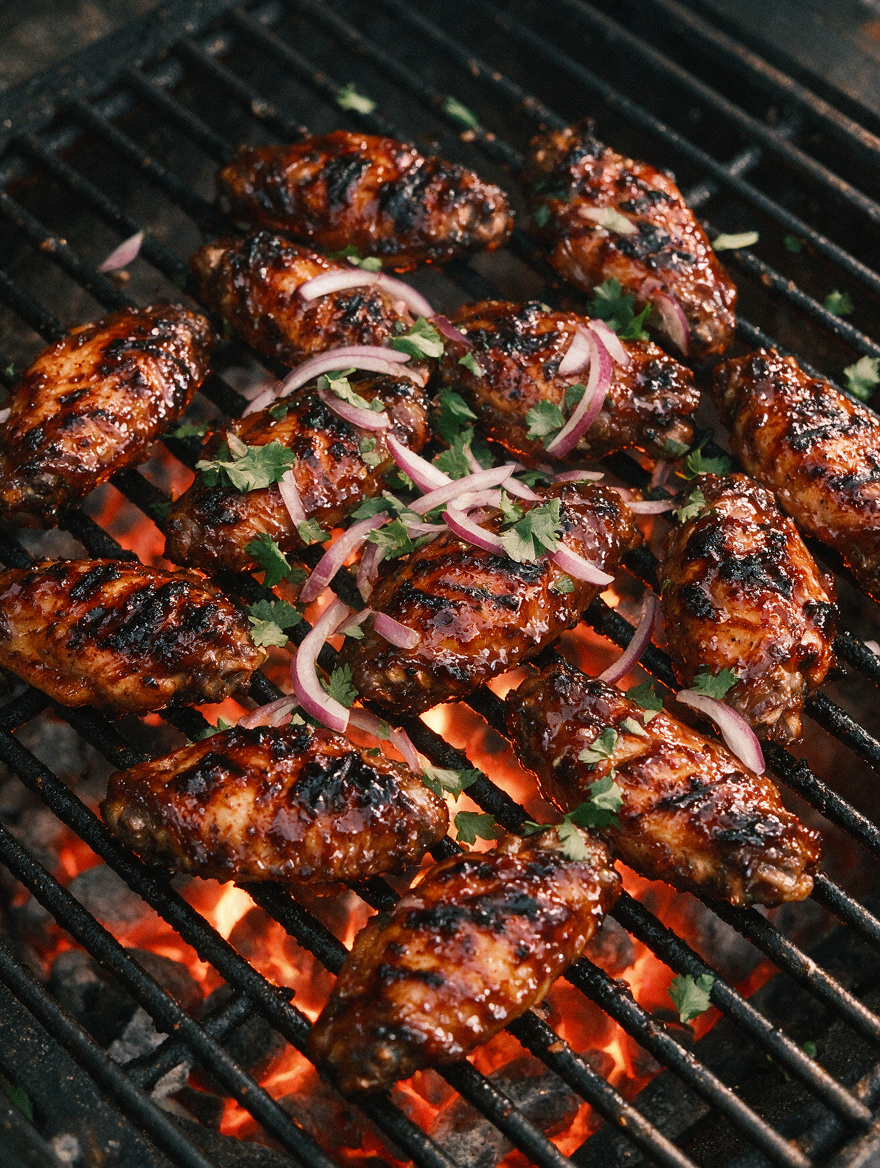 Jerk BBQ wings grilling over glowing coals, garnished with red onion and cilantro